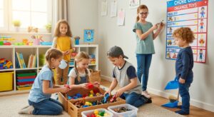Kids following a weekly chore routine to stay organized at home