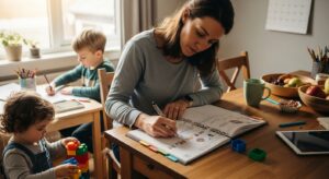 Mom creating a simple weekly family routine using a planner at home