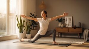 Mom doing yoga or stretching in a calm space at home
