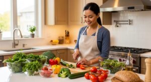 Mom preparing a healthy meal as part of her self-care routine