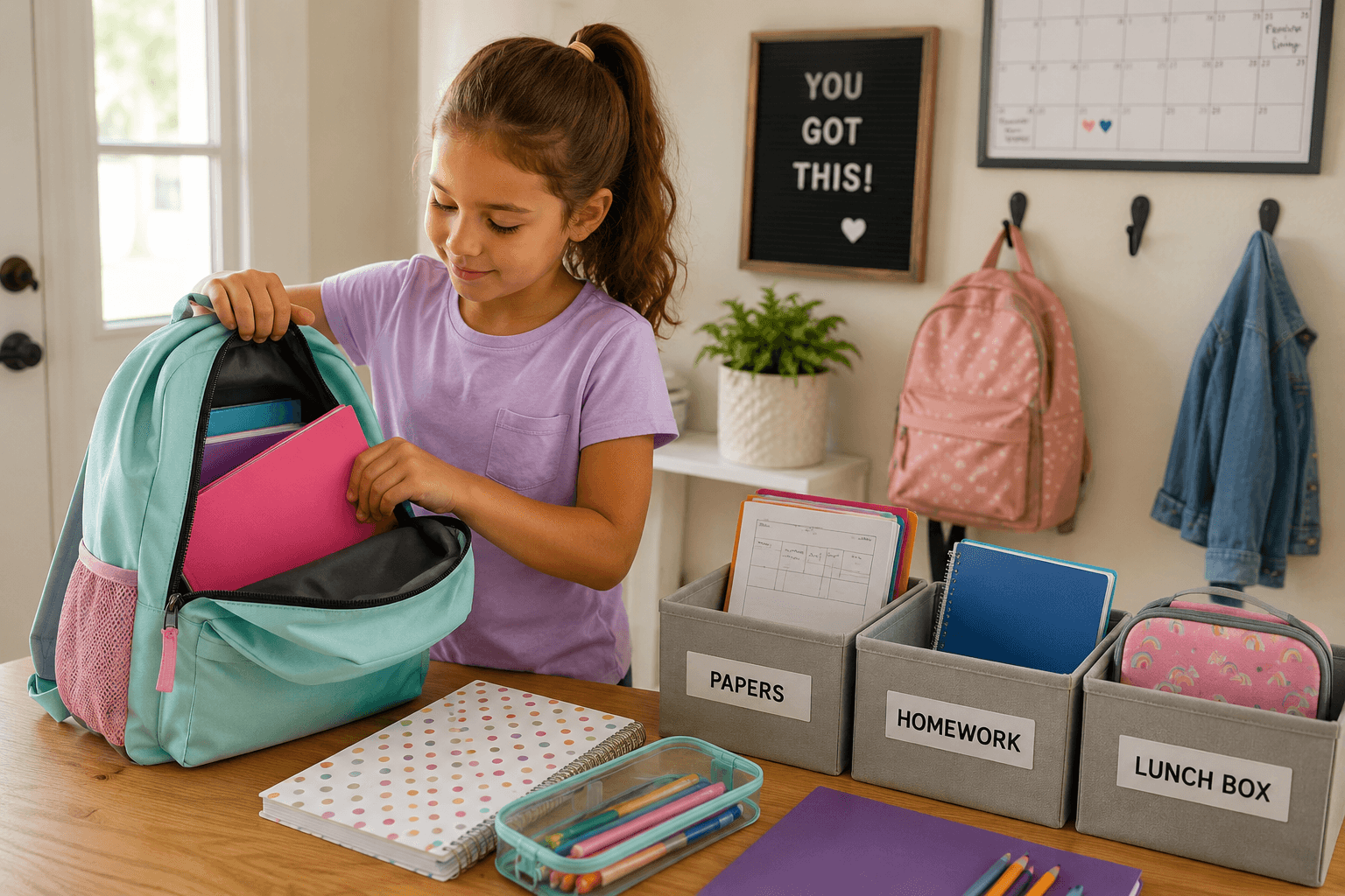 Child organizing school belongings during an after-school routine