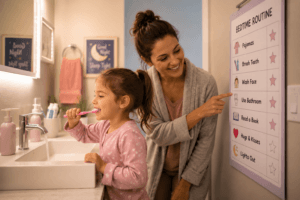 Child following a bedtime routine before sleep