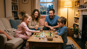 Family playing a simple board game together