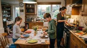 Kids helping set the table as part of family chores
