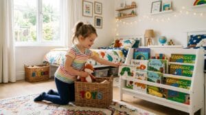 Young child putting away toys as an age-appropriate chore