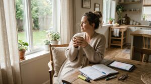 Mom taking quiet time after simplifying family responsibilities.
